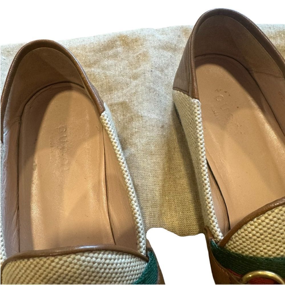 Gucci Beige Brown Canvas and Leather Horsebit Brixton Charlotte Loafers Size 35 - Picture 6 of 13
